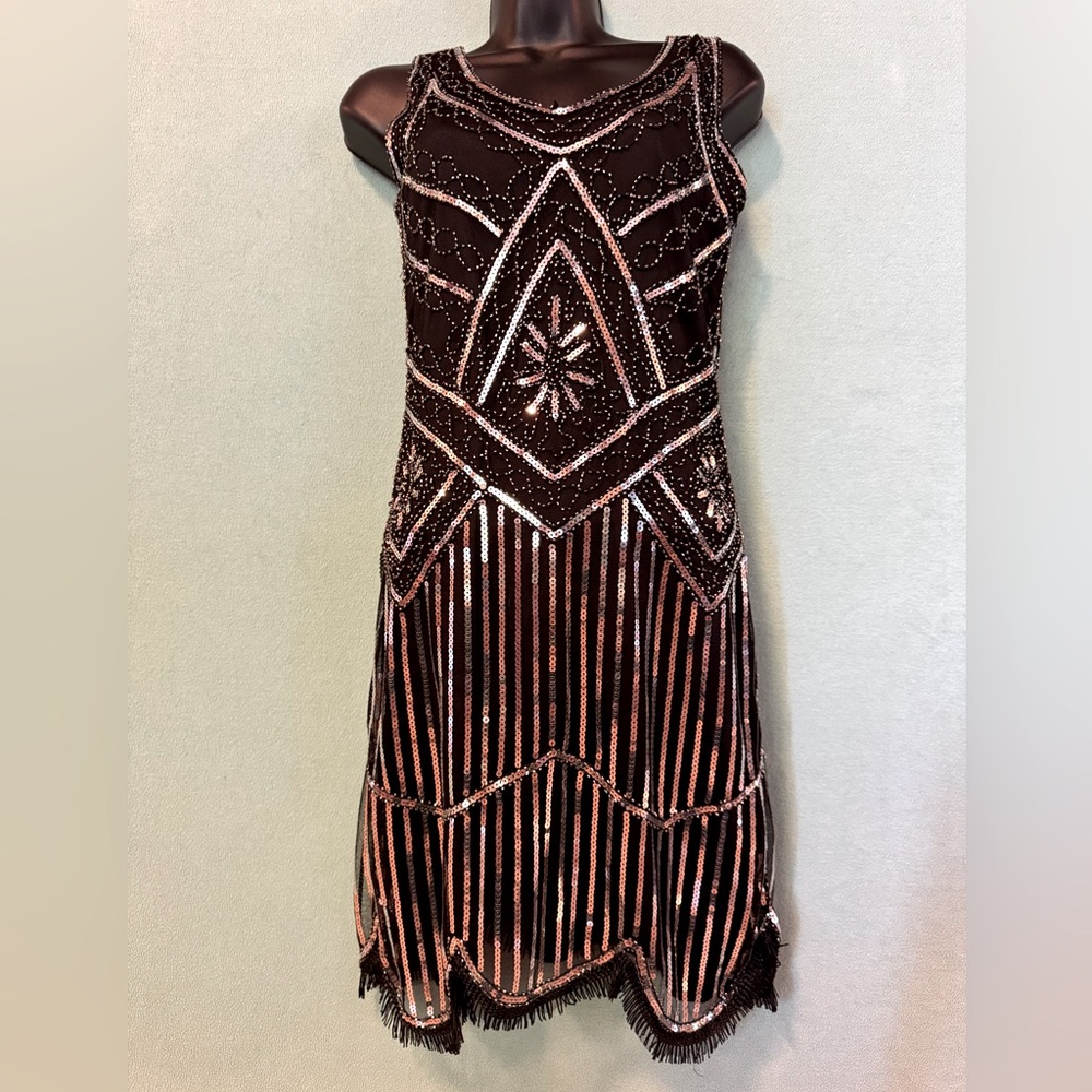 1920’s Flapper Cocktail Formal Dress Women’s S Black/ Silver Fringe Mesh Sequin